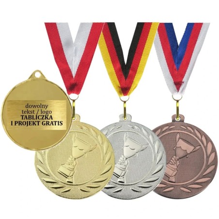 Medal stalowy DI5000A 5cm puchar wieniec z szarfą i nadrukiem