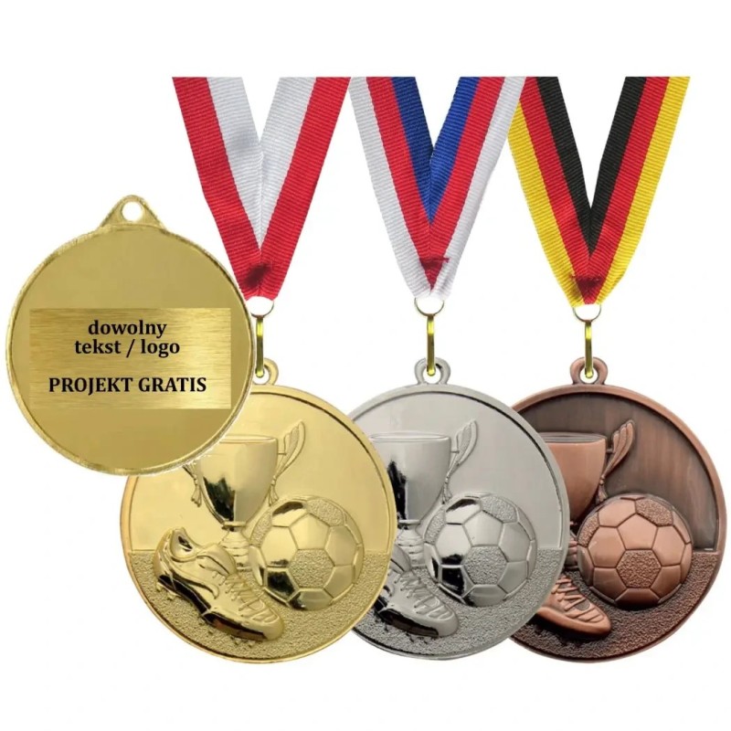 Piękny tłoczony medal piłkarski puchar but piłka nożna 5cm z nadrukiem i szarfą ME047 Piękny tłoczony medal piłkarski puchar but piłka nożna 5cm z nadrukiem i szarfą ME047