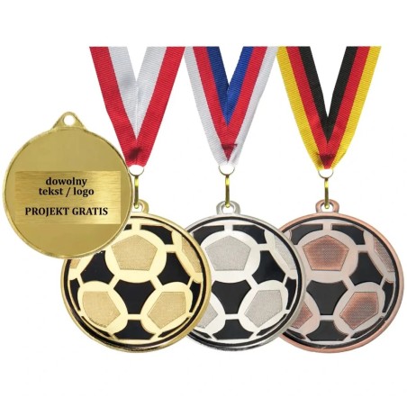 Medal piłka nożna emaliowany 5cm z nadrukiem i szarfą DI5009