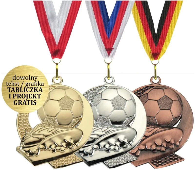 Medal piłka nożna korki ażurowy 5cm z nadrukiem i szarfą ME053