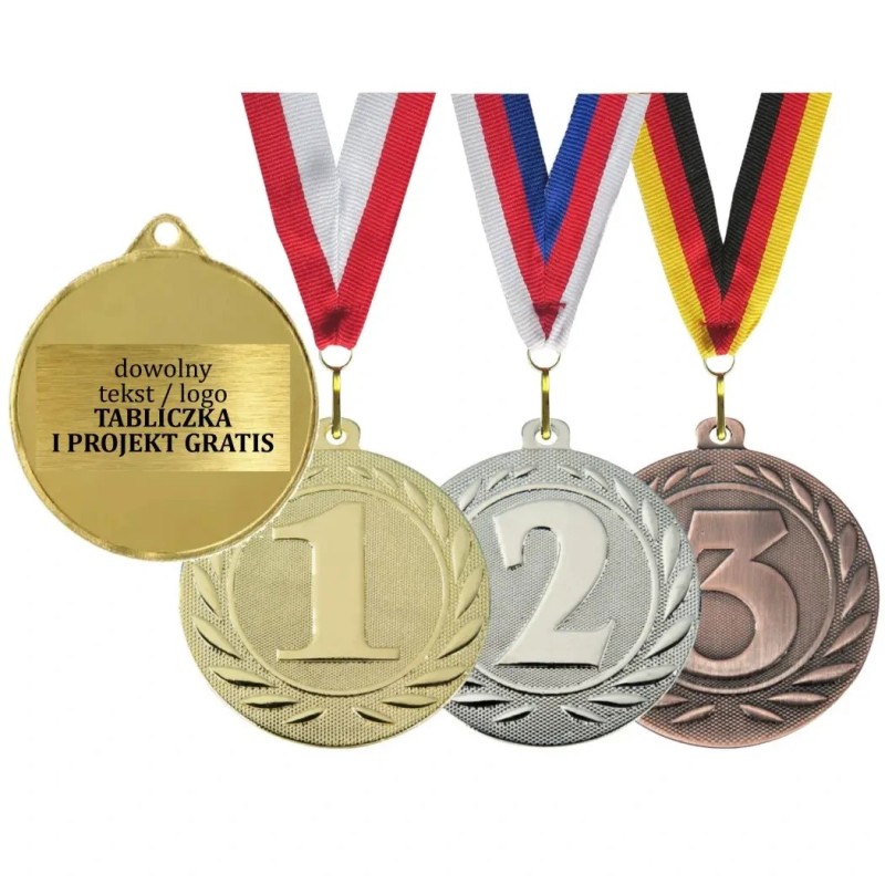 Medal na podium 1 2 3 miejsce i laurem 5cm z nadrukiem i szarfą Medal na podium 1 2 3 miejsce i laurem 5cm z nadrukiem i szarfą