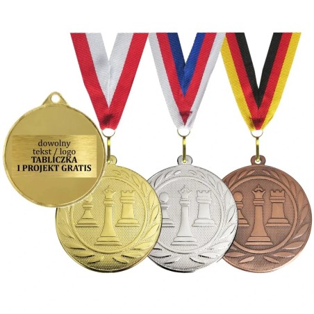 Medal szachowy szachy 5cm z nadrukiem na rewersie i szarfą