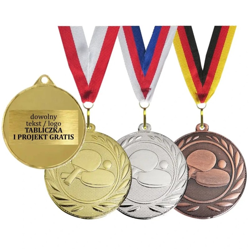 Medal tenis stołowy ping-pong 5cm z nadrukiem i szarfą Medal tenis stołowy ping-pong 5cm z nadrukiem i szarfą