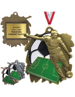 Duży medal piłkarski tłoczony z kolorową emalią z wklejką i szarfą piłka nożna