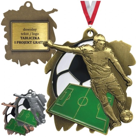 Duży medal piłkarski tłoczony z kolorową emalią z wklejką i szarfą piłka nożna