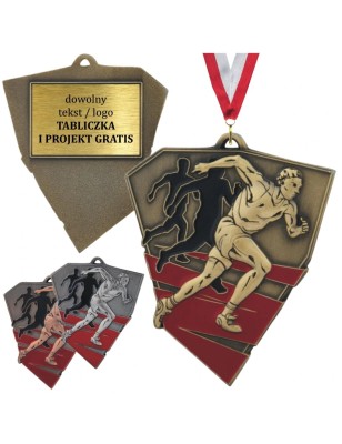 Duży medal biegowy tłoczony z kolorową emalią z wklejką i szarfą lekkoatletyka biegi
