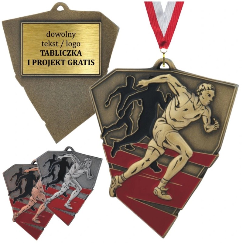 Duży medal biegowy tłoczony z kolorową emalią z wklejką i szarfą lekkoatletyka biegi Duży medal biegowy tłoczony z kolorową emalią z wklejką i szarfą lekkoatletyka biegi