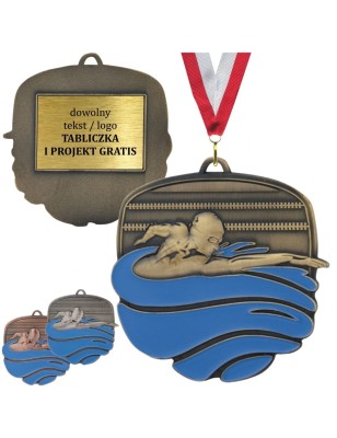 Duży Medal Pływacki Tłoczony z Błękitną Emalią | z Tabliczką i Szarfą