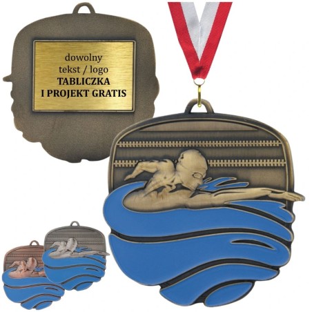 Duży Medal Pływacki Tłoczony z Błękitną Emalią | z Tabliczką i Szarfą