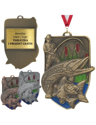 Duży medal wędkarski tłoczony z kolorową emalią z grawerem i szarfą wędkarstwo PZW zawody spinningowe