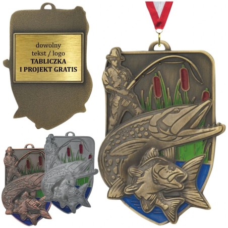 Duży medal wędkarski tłoczony z kolorową emalią z grawerem i szarfą wędkarstwo PZW zawody spinningowe