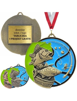 Duży medal wędkarski tłoczony z kolorową emalią z grawerką i szarfą wędkarstwo spławikowe i gruntowe