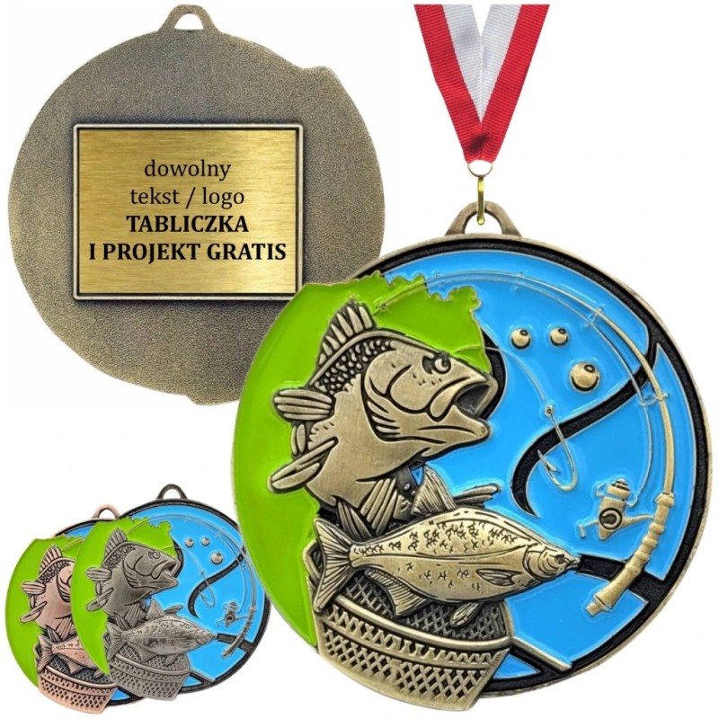 Duży medal wędkarski tłoczony z kolorową emalią z grawerką i szarfą wędkarstwo spławikowe i gruntowe Duży medal wędkarski tłoczony z kolorową emalią z grawerką i szarfą wędkarstwo spławikowe i gruntowe