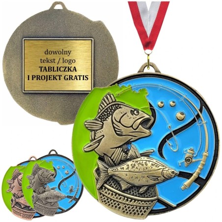 Duży medal wędkarski tłoczony z kolorową emalią z grawerką i szarfą wędkarstwo spławikowe i gruntowe