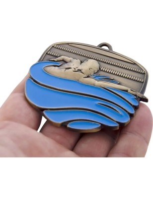 Duży medal pływacki tłoczony z kolorową emalią z tabliczką i szarfą pływanie zawody na basenie