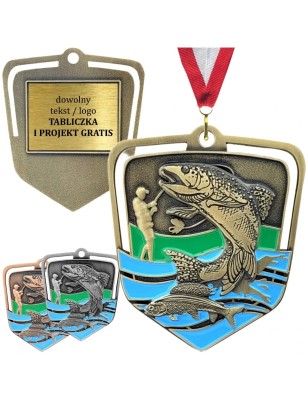 Duży medal wędkarski tłoczony z kolorową emalią z wklejką i szarfą wędkarstwo muchowe i pstrągowe