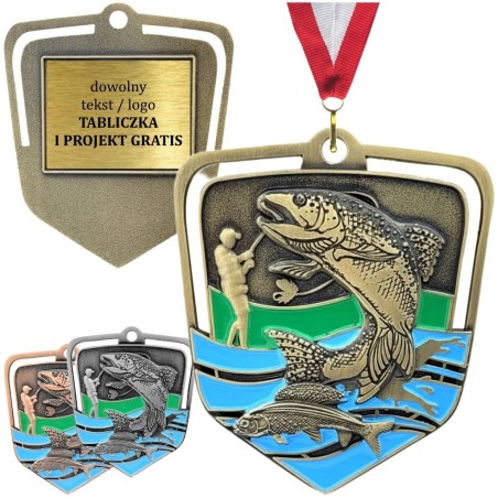 Duży medal wędkarski tłoczony z kolorową emalią z wklejką i szarfą wędkarstwo muchowe i pstrągowe