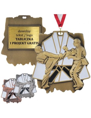 Duży medal karate tłoczony z kolorową emalią z grawerem i szarfą sztuki walki kumite
