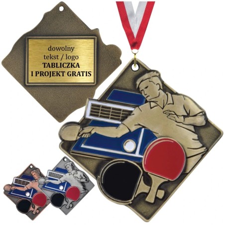 Medal do tenisa stołowego tłoczony z kolorową emalią z tabliczką i szarfą ping-pong tenis