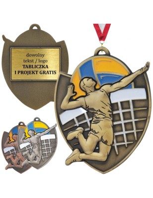 Okazały medal siatkarski tłoczony z kolorową emalią z wklejką i szarfą siatkówka halowa i plażowa