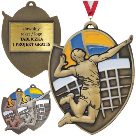 Okazały medal siatkarski tłoczony z kolorową emalią z wklejką i szarfą siatkówka halowa i plażowa