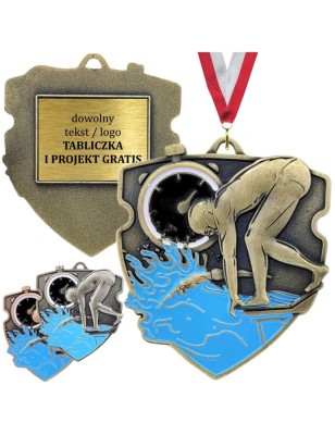 Masywny medal pływacki tłoczony ze stoperem i emalią z grawerem i szarfą skok do wody