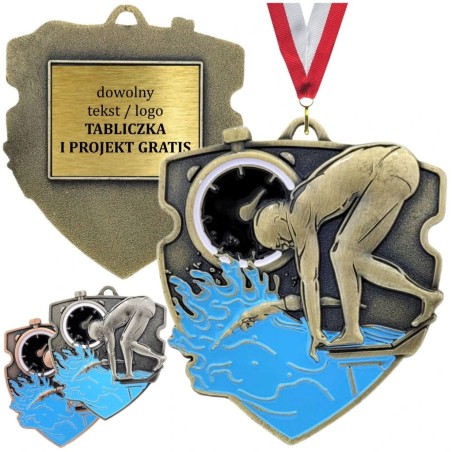 Masywny medal pływacki tłoczony ze stoperem i emalią z grawerem i szarfą skok do wody