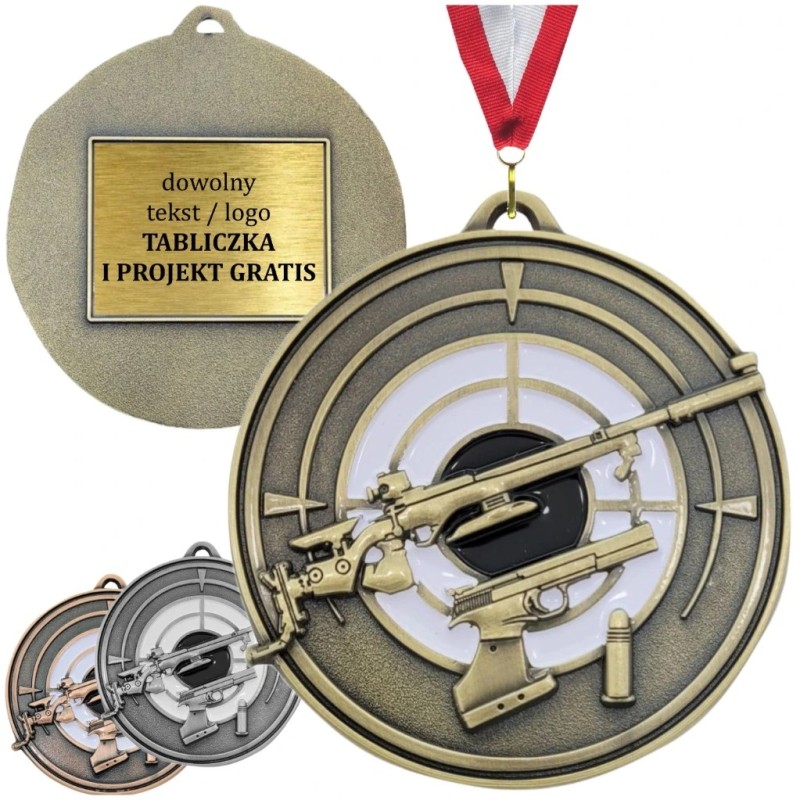 Duży medal strzelecki tłoczony z tarczą i emalią z wklejką i szarfą strzelectwo sportowe pistolet i karabin