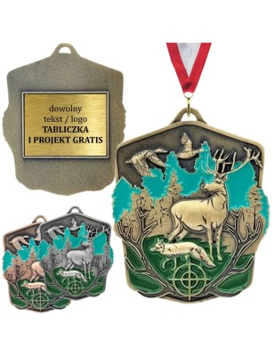 Okazały medal myśliwski tłoczony z kolorową emalią z grawerem i szarfą łowiectwo jeleń lis kaczki