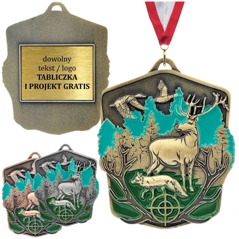 Okazały medal myśliwski tłoczony z kolorową emalią z grawerem i szarfą łowiectwo jeleń lis kaczki