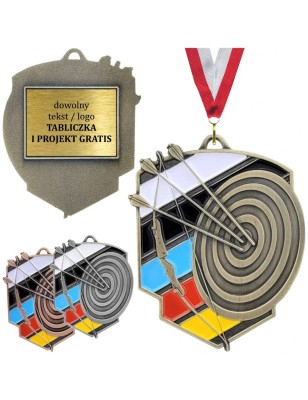 Okazały medal łuczniczy tłoczony z kolorową tarczą i emalią z tabliczką i szarfą łucznictwo sportowe