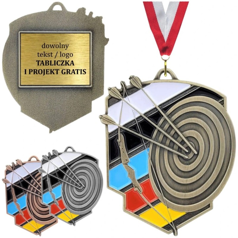 Okazały medal łuczniczy tłoczony z kolorową tarczą i emalią z tabliczką i szarfą łucznictwo sportowe