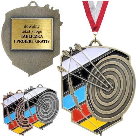 Okazały medal łuczniczy tłoczony z kolorową tarczą i emalią z tabliczką i szarfą łucznictwo sportowe