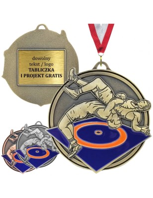 Masywny medal zapaśniczy tłoczony z kolorową emalią z wklejką i szarfą zapasy