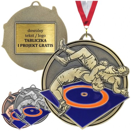Masywny medal zapaśniczy tłoczony z kolorową emalią z wklejką i szarfą zapasy