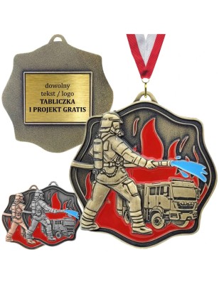 Okazały medal strażacki tłoczony z emalią z grawerką i szarfą straż pożarna OSP PSP