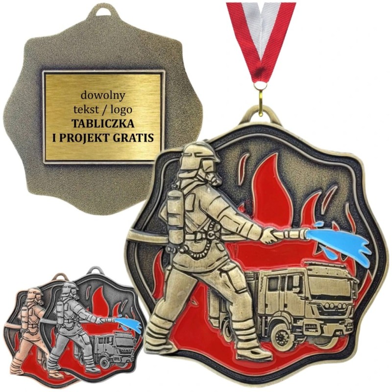 Okazały medal strażacki tłoczony z emalią z grawerką i szarfą straż pożarna OSP PSP