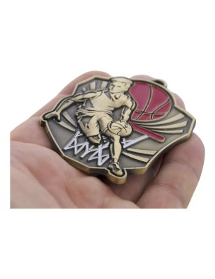 Masywny medal koszykarski tłoczony z kolorową emalią z wklejką i szarfą koszykówka