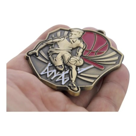 Masywny medal koszykarski tłoczony z kolorową emalią z wklejką i szarfą koszykówka