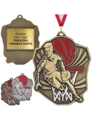 Masywny medal koszykarski tłoczony z kolorową emalią z wklejką i szarfą koszykówka
