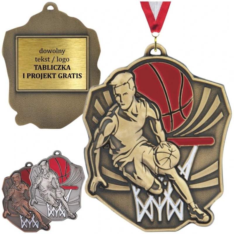 Masywny medal koszykarski tłoczony z kolorową emalią z wklejką i szarfą koszykówka Masywny medal koszykarski tłoczony z kolorową emalią z wklejką i szarfą koszykówka