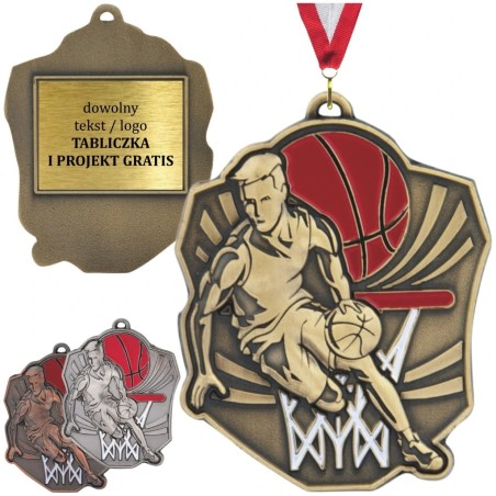 Masywny medal koszykarski tłoczony z kolorową emalią z wklejką i szarfą koszykówka