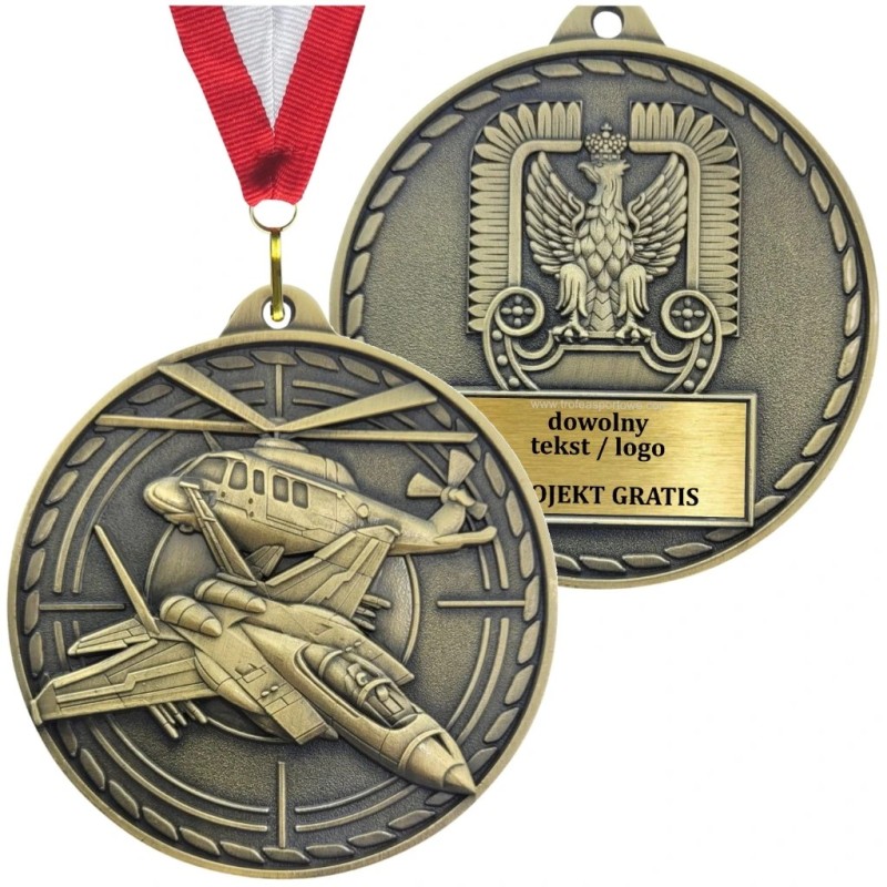 Lotnicze odznaczenie pamiątkowe – duży medal tłoczony Siły Powietrzne myśliwiec i śmigłowiec z grawerką i szarfą