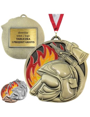 Strażacki medal  – duże trofeum tłoczone hełm i prądownica z grawerką na Dzień Strażaka OSP