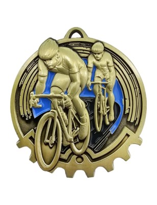 Kolarski medal tłoczony z błękitną emalią – peleton kolarzy z tabliczką i szarfą na wyścig rowerowy