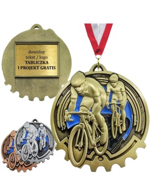 Kolarski medal tłoczony z błękitną emalią – duży medal tłoczony peleton kolarzy z tabliczką i szarfą na wyścig rowerowy