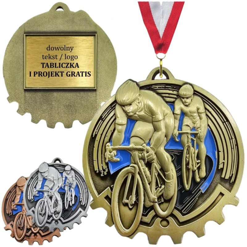 Kolarski medal tłoczony z błękitną emalią – peleton kolarzy z tabliczką i szarfą na wyścig rowerowy Kolarski medal tłoczony z błękitną emalią – peleton kolarzy z tabliczką i szarfą na wyścig rowerowy