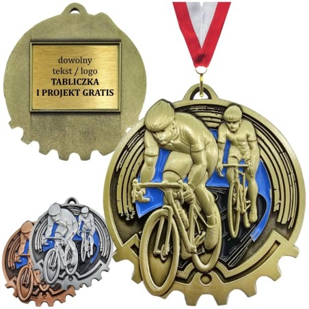 Kolarski medal tłoczony z błękitną emalią – duży medal tłoczony peleton kolarzy z tabliczką i szarfą na wyścig rowerowy