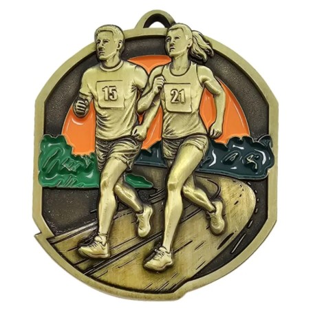 Duży medal tłoczony z emalią na maraton i biegi przełajowe z grawerem oraz szarfą