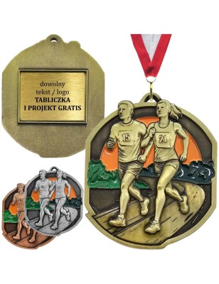 Duży medal tłoczony z emalią na maraton i biegi przełajowe z grawerem oraz szarfą